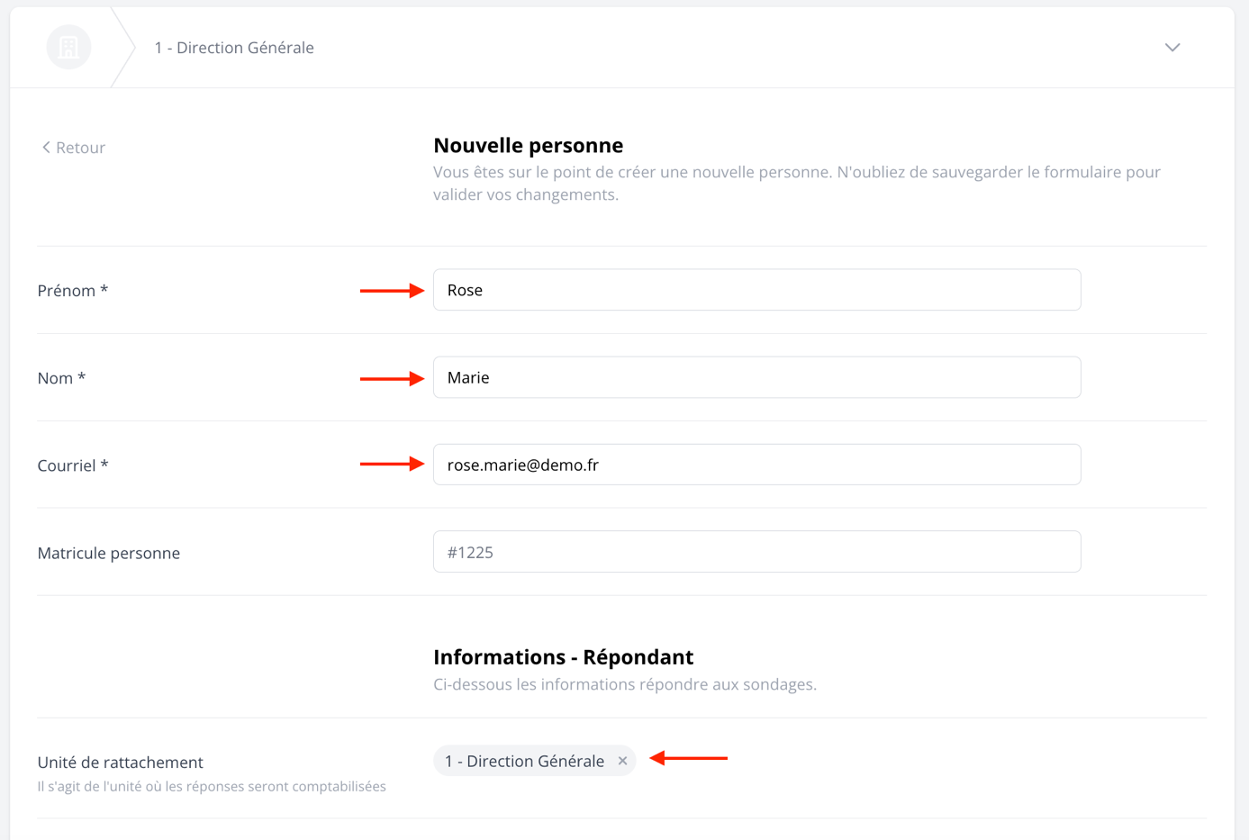 Renseigner les informations de la personne